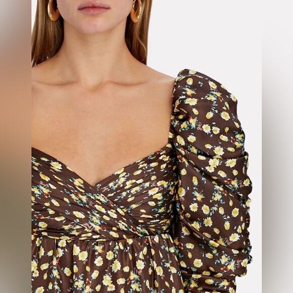 NWT AUTUMN ADEIGBO Bridgette 100% Silk Puff-Sleeve Mini Dress Brown Size 4 - Picture 3 of 16